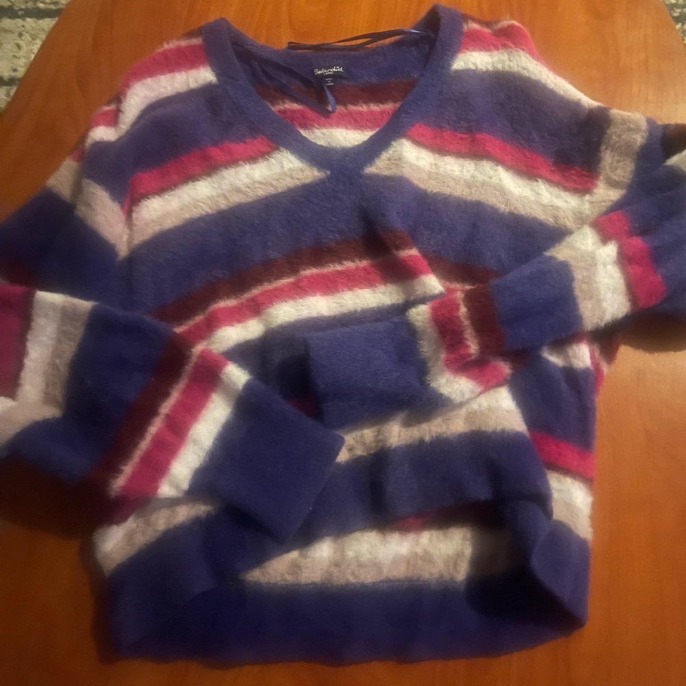 Splendid Striped V-Neck Sweater in Blue, Pink & White